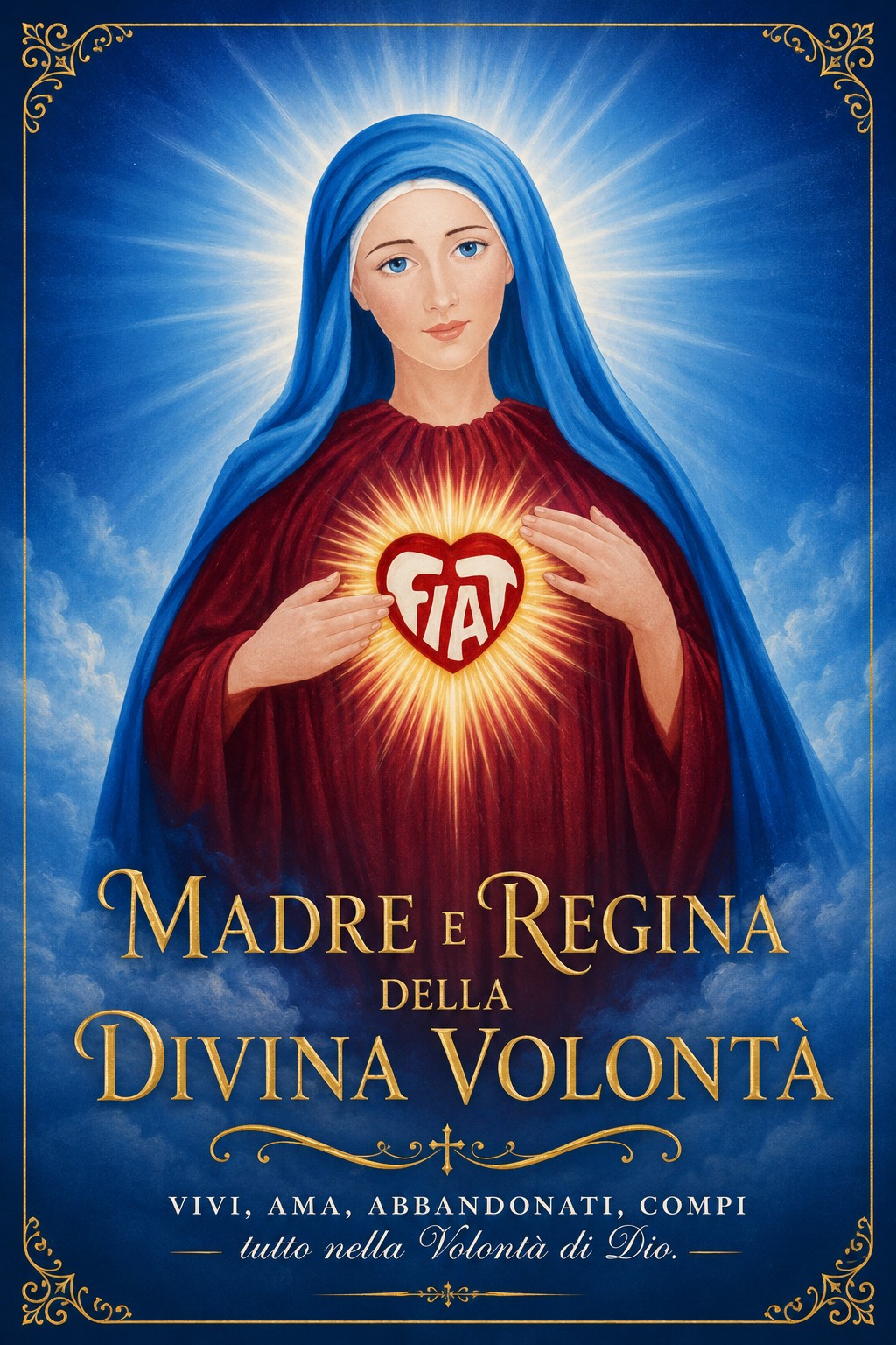 Maria, Madre e Regina della Divina Volontà, con il cuore luminoso e la scritta Fiat