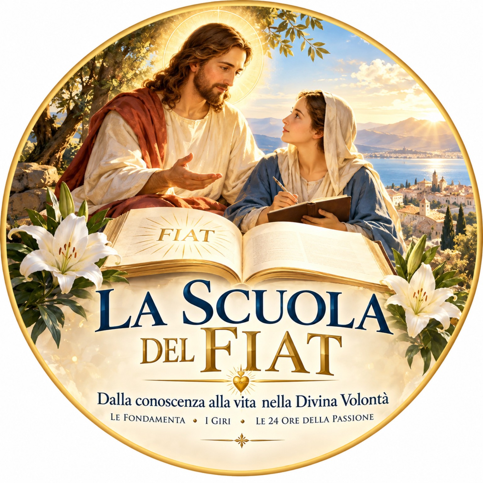 La scuola del Fiat: Gesù insegna a una donna che scrive, accanto a un libro aperto. Dalla conoscenza alla vita nella Divina Volontà.