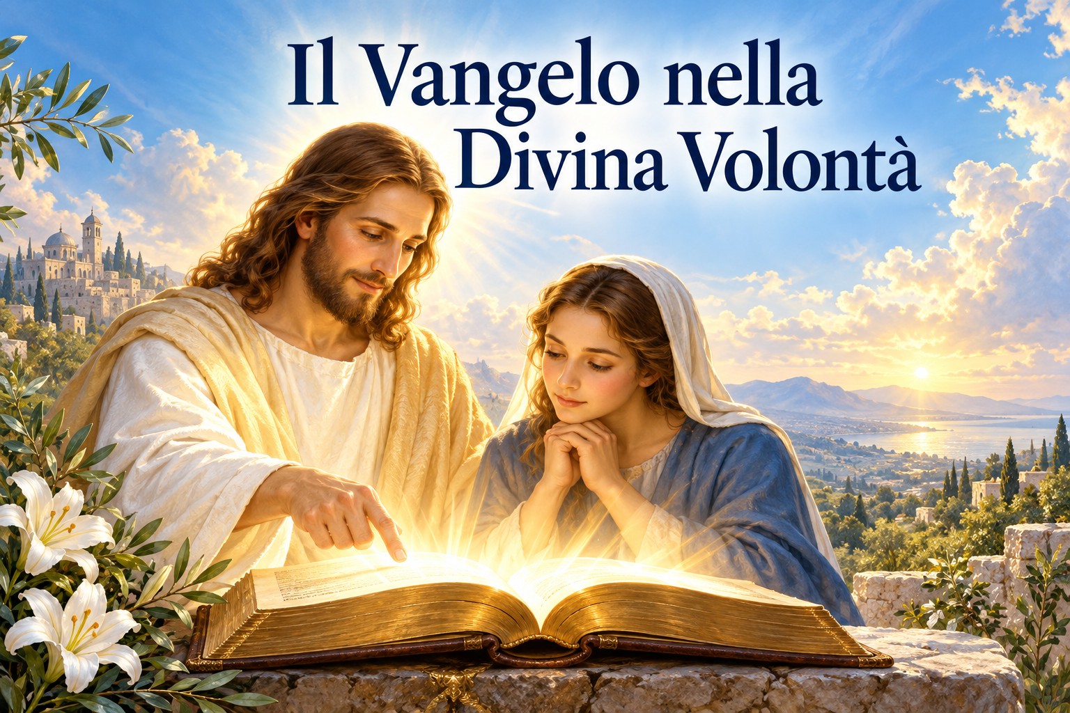 Gesù mostra il Vangelo aperto a una donna in preghiera, nella luce della Divina Volontà